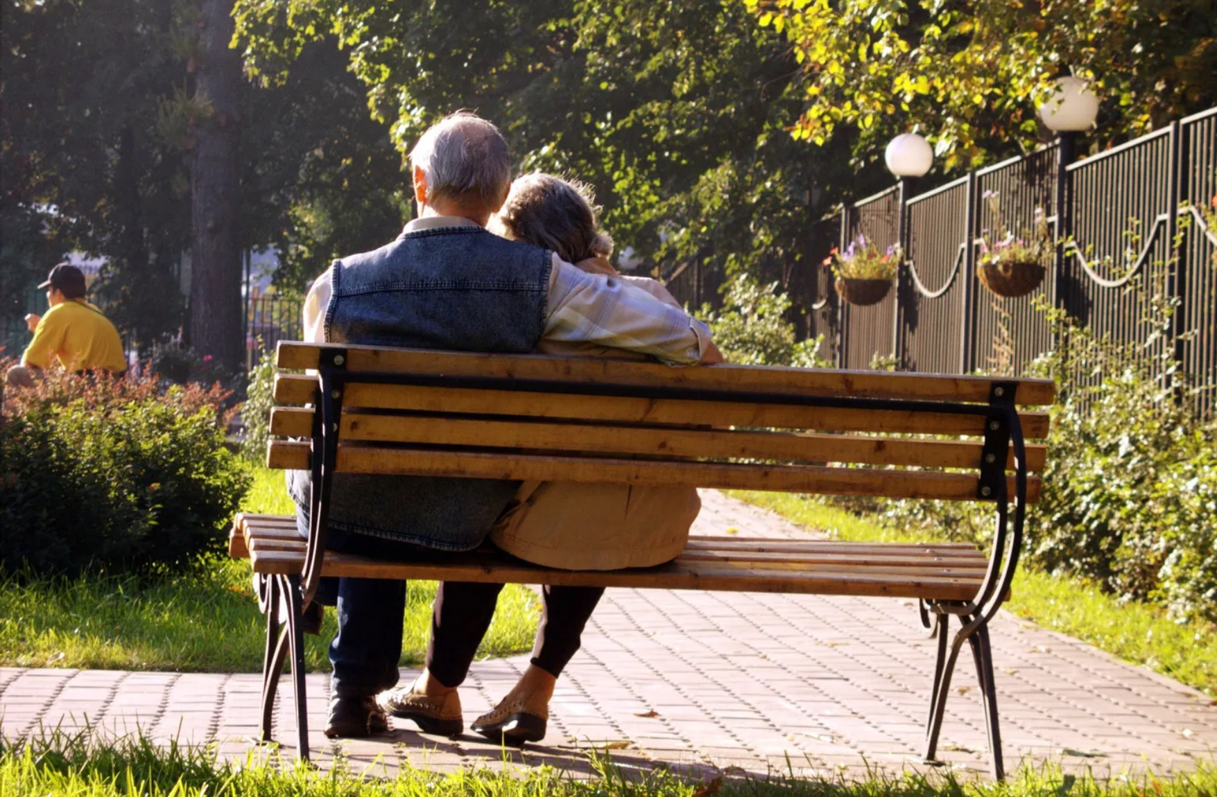 An elderly couple embracing on a park bench during a beautiful summer day.
